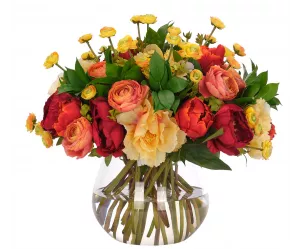 Цветы Peony Ranunculus, Yellow Orange, в стеклянном кубе