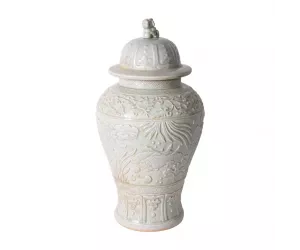 Ваза Сейдж Грин Эмбоссед Фиш Темпл Джар (Sage Green Embossed Fish Temple Jar, фарфоровая)