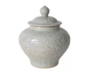 Ваза Сейдж Грин Эмбоссед Фиш Джинджер Джар (Sage Green Embossed Fish Ginger Jar, фарфоровая)