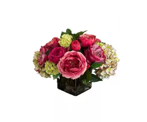 Цветы Роза и Гортензия (Rose Hydrangea, Pink Mauve), в стеклянном кубе