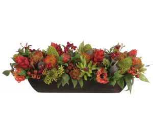 Цветы Протея и Имбирь (Ginger Protea, красно-оранжевые), в деревянном лотке