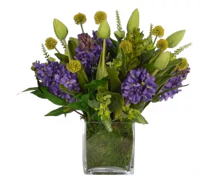 Цветы Гиацинт и Тюльпан (Hyacinth Tulip, фиолетово-зелёные), в стеклянном кубе