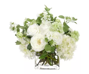 Цветочная композиция Роза и Гортензия, белая (Rose Hydrangea), в стеклянном кубе