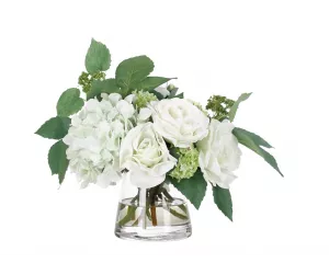 Цветы Роза и Гортензия, бело-зеленые (Rose Hydrangea), в стеклянной пирамиде