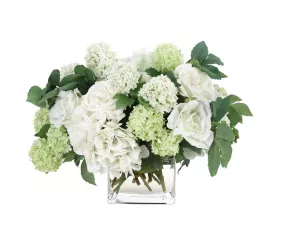 Цветы Роза и Гортензия (Rose Hydrangea, бело-зеленые), в стеклянном кубе